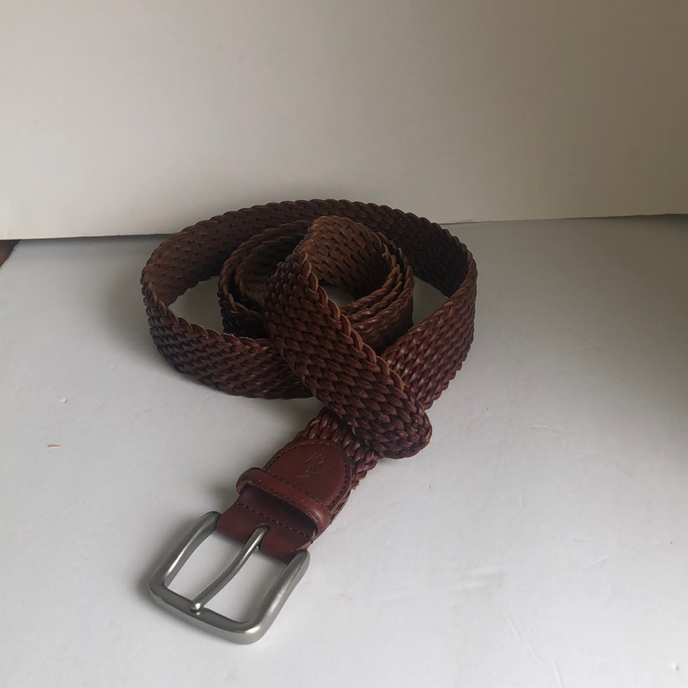 Polo Ralph Lauren brown leather woven belt brass silver buckle. Size 50